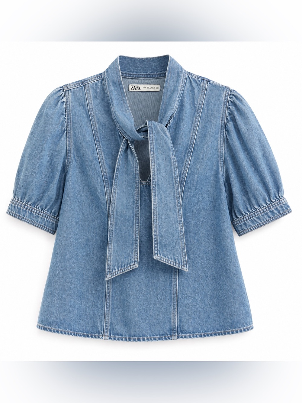 Zara Denim Puff Sleeve Tie Neck Blouse size Large